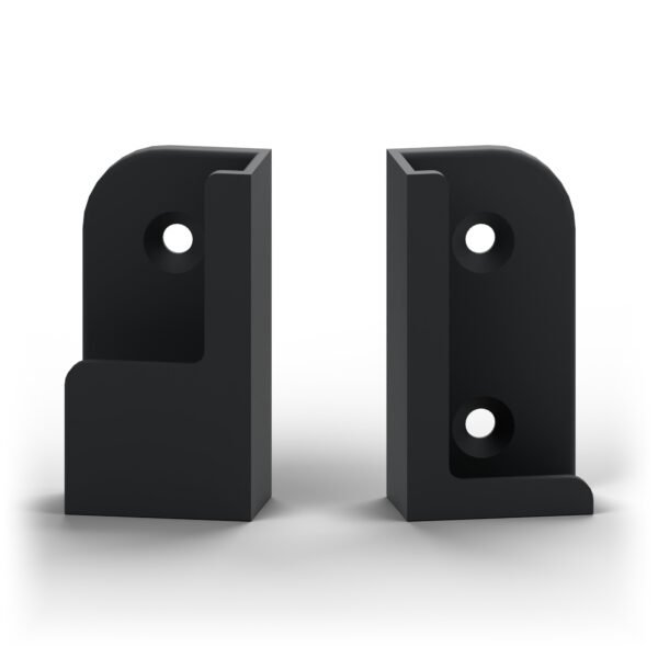 Deux supports noirs mats pour clavier K400 Plus, vue de face montrant les berceaux et les fraisures